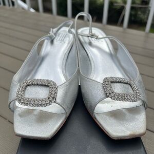 Pelle Moda Silver Rhinestone Buckle Slingback Mules
